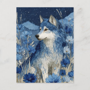 Postal Majestuoso Lobo Azul en Jardín de Flor de Estrella
