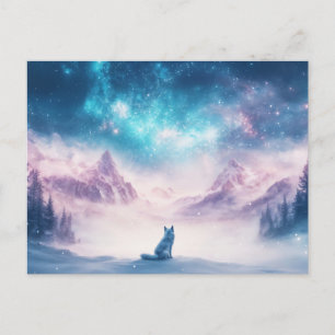 Postal Majestuoso Lobo Blanco en Galaxia de Montaña Helad