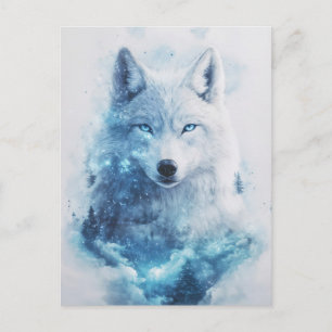 Postal Majestuoso Lobo Blanco en Nebulosa Azul Helada