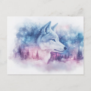 Postal Majestuoso Lobo Blanco en Nebulosa Púrpura
