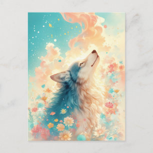 Postal Majestuoso Lobo en Jardín Floral Iluminado por el 