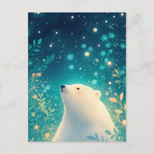 Postal Majestuoso Oso Polar Blanco en Jardín Estrellado