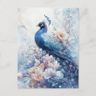 Postal Majestuoso Pavo Real Azul en Jardín Floral Blanco