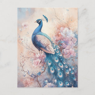 Postal Majestuoso Pavo Real Azul en Jardín Floral Rosa