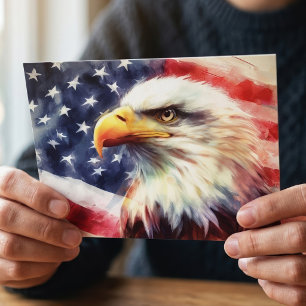 Postal Majestuoso retrato de águila calva con bandera ame