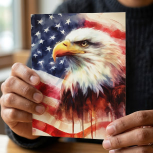 Postal Majestuoso retrato de águila calva con bandera ame