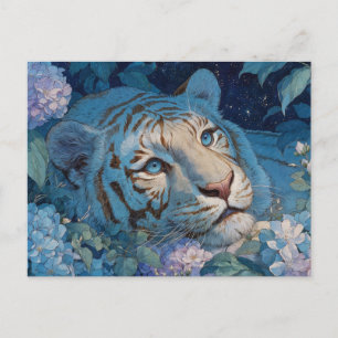 Postal Majestuoso Tigre Azul en Jardín de Hortensias