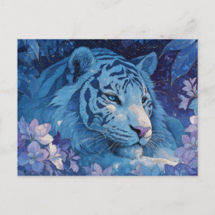 Postal Majestuoso Tigre Azul en Jardín Floral Púrpura