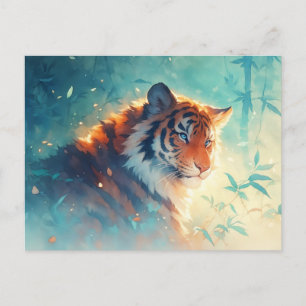 Postal Majestuoso Tigre de Ojos Azules en Rayos de Sol