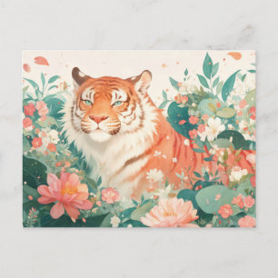 Postal Majestuoso Tigre en Exuberante Jardín Floral