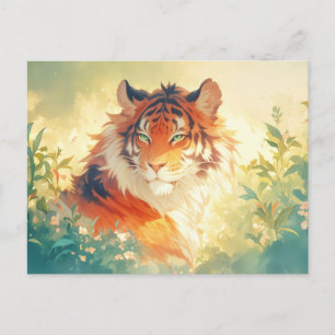 Postal Majestuoso Tigre en Jardín Floral Iluminado por el