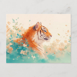 Postal Majestuoso Tigre Naranja en Jardín de Teal Suave