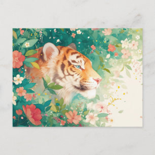 Postal Majestuoso Tigre Oculto en Exuberante Jardín Flora