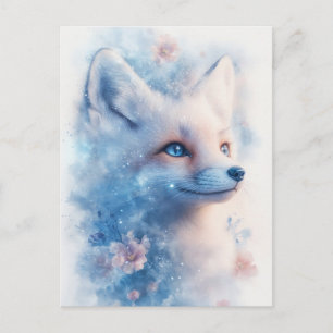 Postal Majestuoso Zorro Blanco en Flor Cósmica Azul