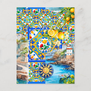 Postal Majólica, limón, azulejos sicilianos,