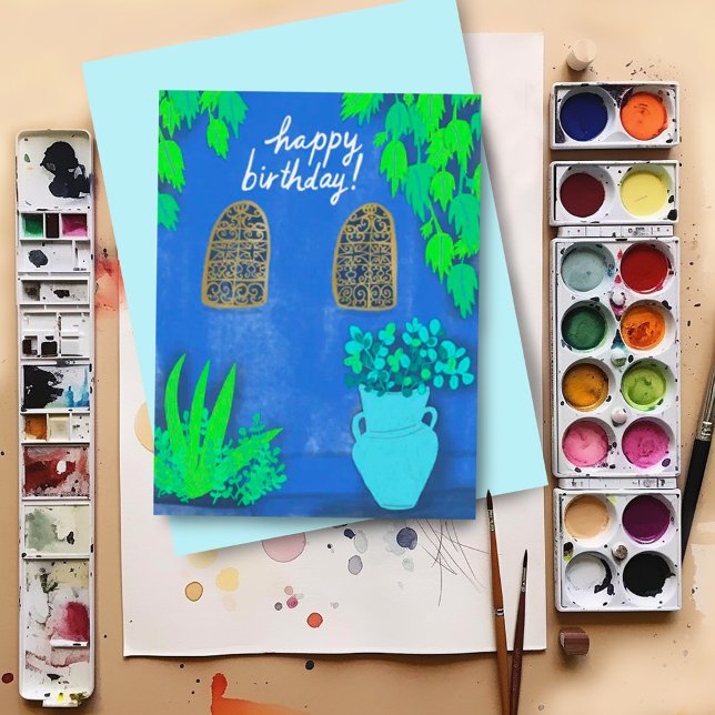Postal Majorelle Gardens Blue La Jardin FELIZ CUMPLEAÑOS (Custom happy birthday postcard with colorful artwork inspired by Majorelle Gardens)