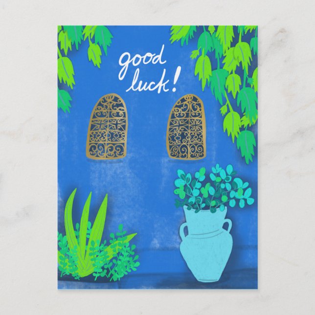 Postal Majorelle Gardens Blue La Jardin GOOD LUCK (Anverso)
