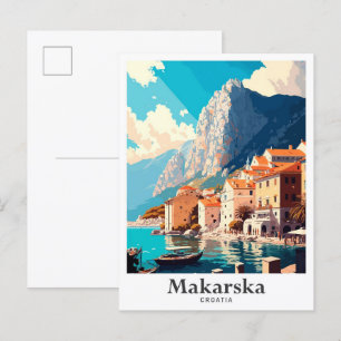 Postal Makarska Croacia Ilustracion de Viajes de Arte Vin