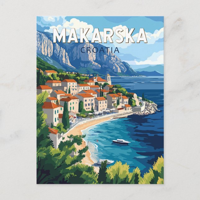 Postal Makarska Croacia Vintage de arte de viajes (Anverso)