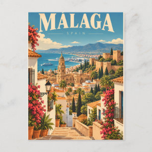 Postal Málaga España Ciudad Costera Vintage