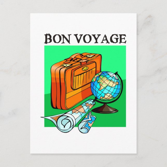 Postal Maleta, equipaje, mapa y globo: ¡Bon Voyage! (Anverso)
