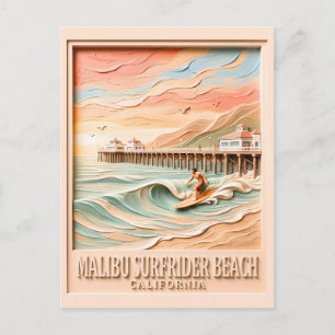Postal Malibu Surfrider Beach Surfing 3D Texturizado Vint