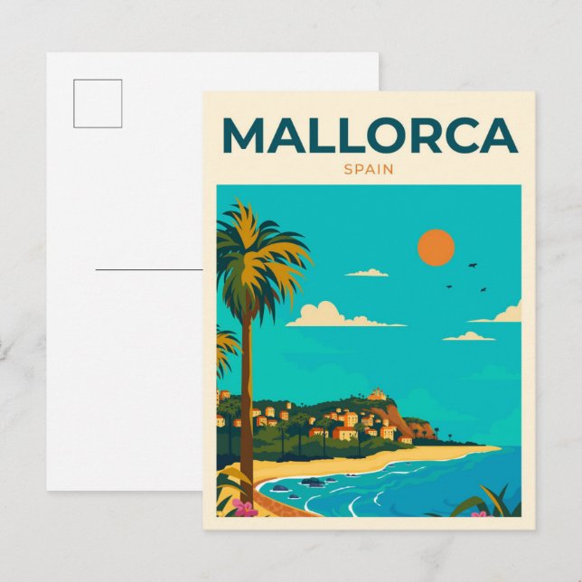 Postal Mallorca España Viaje de Ilustracion de Arte Vinta (Anverso / Reverso)