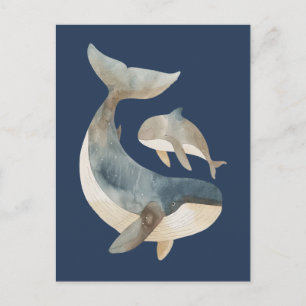 Postal Mamá ballena y cría acuarela Azul marino lindo