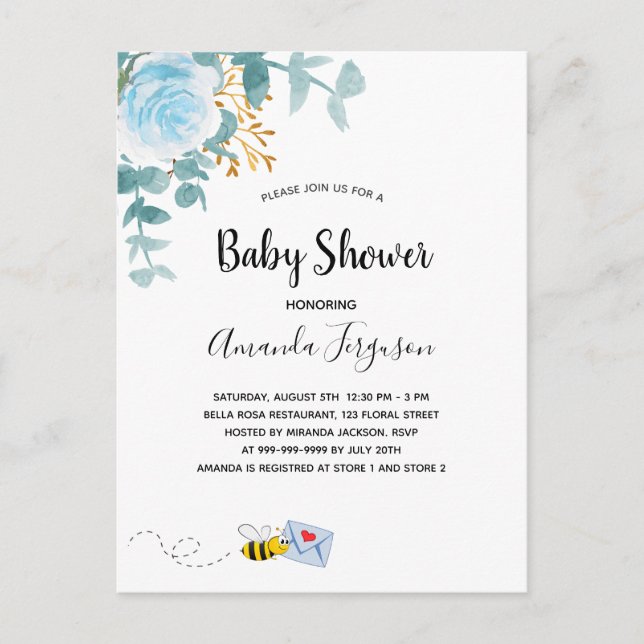 Postal Mamá de la vegetación floral azul de Baby Shower b (Anverso)