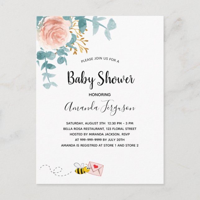 Postal Mamá de la vegetación floral rosa de Baby Shower a (Anverso)