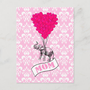 Postal Mamá, elefante y globos de corazón