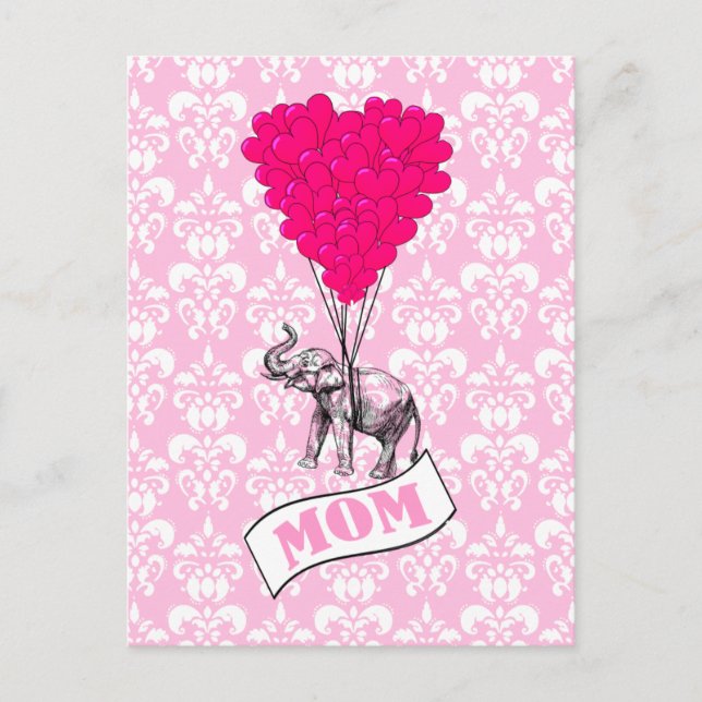 Postal Mamá, elefante y globos de corazón (Anverso)