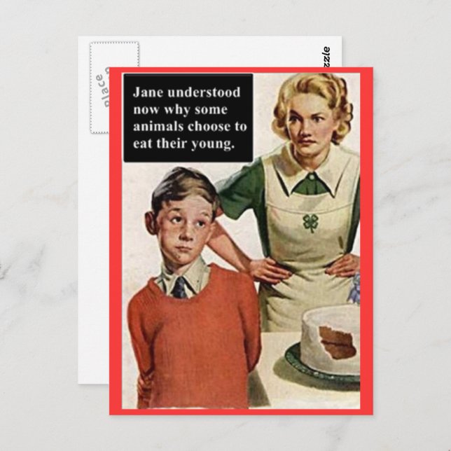 Postal Mamá enojada y pastel arruinado - Funny vintage (Anverso / Reverso)