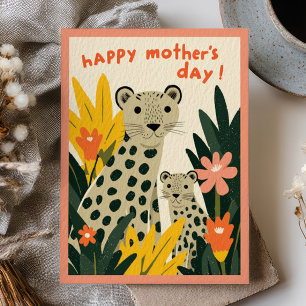 Postal Mamá Leopardo con cachorro floral Feliz Día de la 