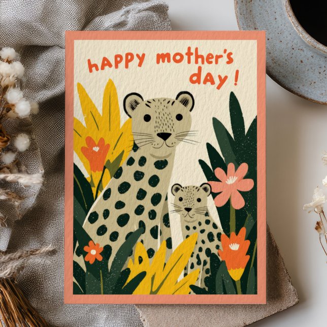 Postal Mamá Leopardo con cachorro floral Feliz Día de la  (Subido por el creador)