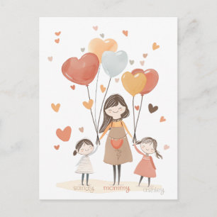 Postal Mamá linda con dos niños y globos