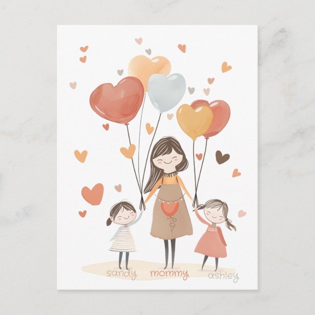 Postal Mamá linda con dos niños y globos (Anverso)