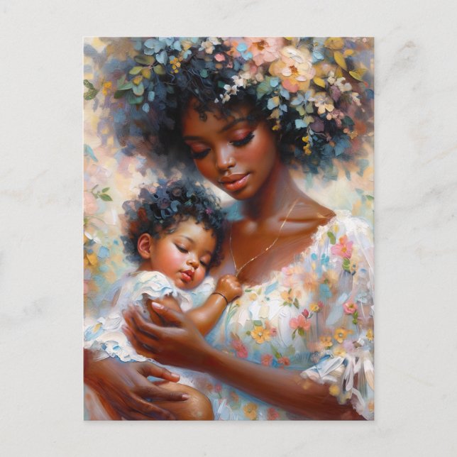 Postal Mamá negra y hija de bebé: arte floral (Anverso)