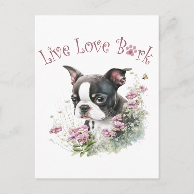 Postal Mamá Perro Terrier de Boston Floral (Anverso)