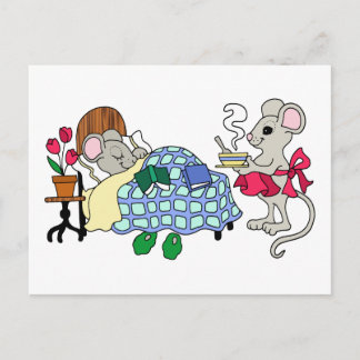 Postal Mamá Ratón cuidando de un niño enfermo