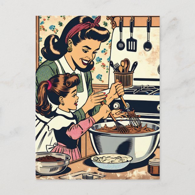 Postal Mamá y hija retro curadas juntas (Anverso)