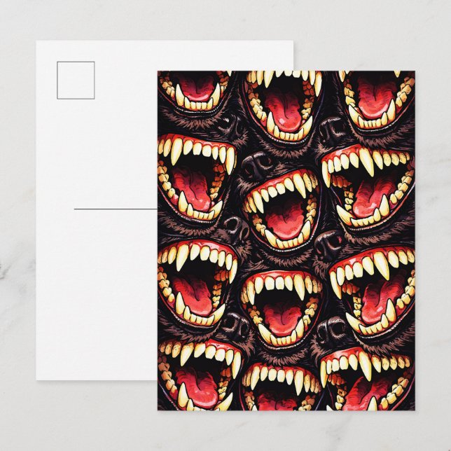 Postal Manada Primitiva de Lobos Colmillos Gruñendo Arte  (Anverso / Reverso)