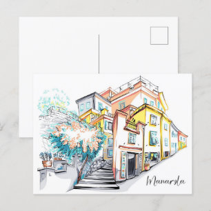 Postal Manarola Cinque Terre Italia Ilustracion Viaje