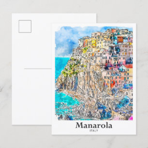 Postal Manarola Italia Ilustracion de acuarela de viajes