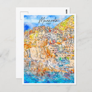 Postal Manarola Italia Travel Place Watercolor