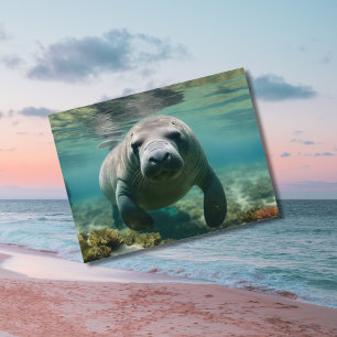 Postal Manatee amazónico nadando sobre el arrecife.