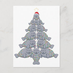 Postal Manatí festivo árbol de Navidad con océano mágico