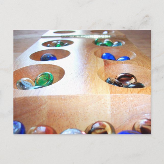 Postal Mancala de madera con piedras de vidrio coloridas (Anverso)