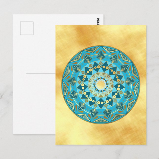 Postal Mandala azul dorado sobre fondo de oro suave (Anverso / Reverso)