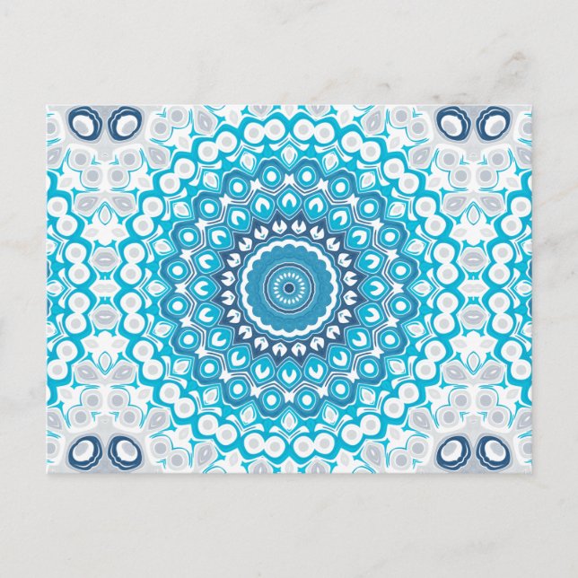 Postal Mandala azul y blanca helada geométrica de inviern (Anverso)